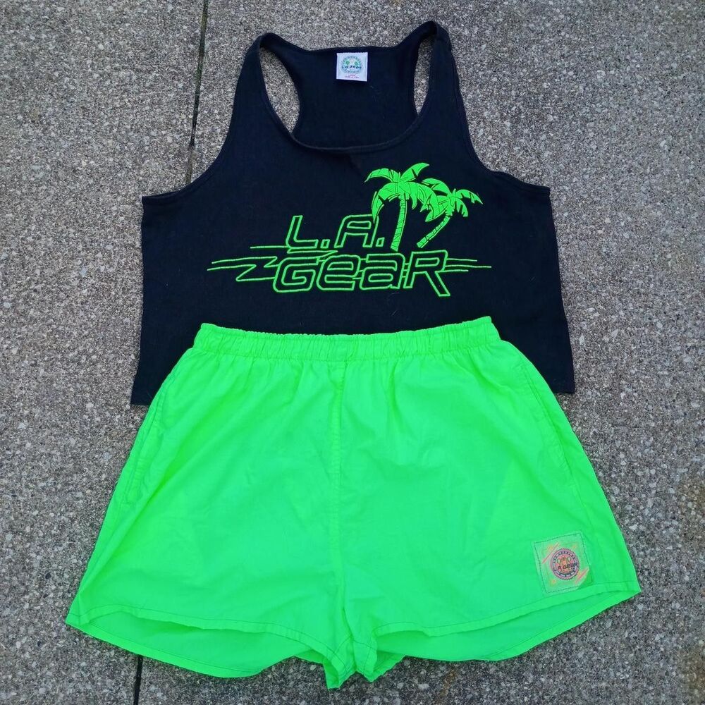 LA Gear Neon Green Nylon Windbreaker Shorts with Tank Top Size L